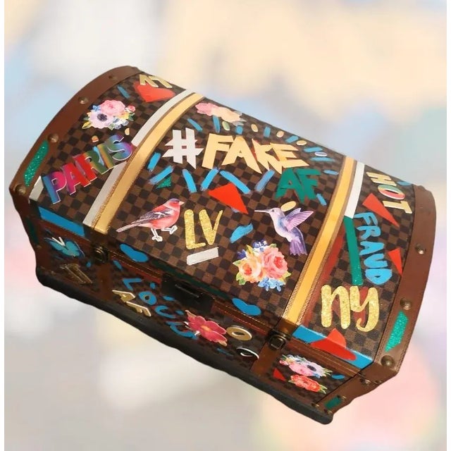 Custom Made One of a Kind Mixed Media Art Covered Faux Leather Checkered Large Storage Trunk Art For Sale - Image 11 of 11