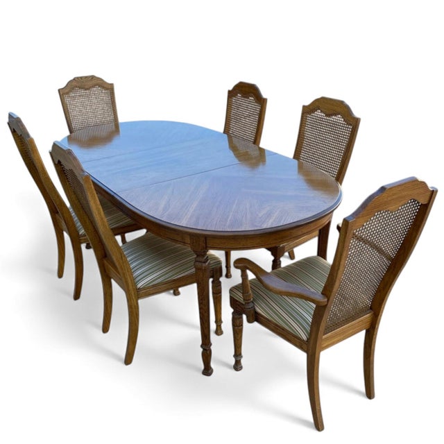 Late 20th Century Late 20th Century Oak and Cane Dining Set With Oval Extending Table and Six Chairs For Sale - Image 5 of 13
