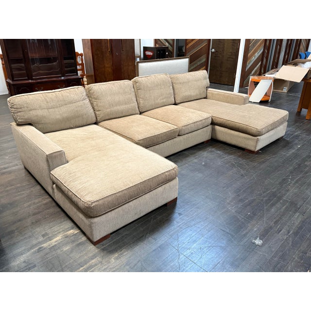 Design Plus Gallery presents a Gold Chenille Double Chaise Lounge Sectional from Restoration Hardware. This super soft...