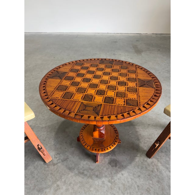 1930s Tramp Art Matchstick Folk Art Chess Side Table For Sale - Image 4 of 12