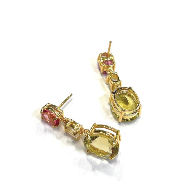 Bochic "Orient" Vintage Lemon Quartz & Rhodorite Earrings Set 18K Gold & Silver For Sale - Image 18 of 18