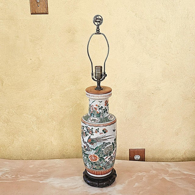 Vintage Chinese Famille Verte Style Porcelain Table Lamp With Hand Painted Birds & Peonies For Sale - Image 4 of 18