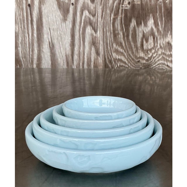 Baby Blue Vintage Asian Glazed Ceramic Stacking Bowls - Set of 5 For Sale - Image 8 of 10