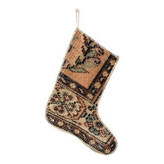 Vintage Turkish Hand-Knotted Wool Rug Christmas Stocking in Rustic Terracotta & Sage For Sale