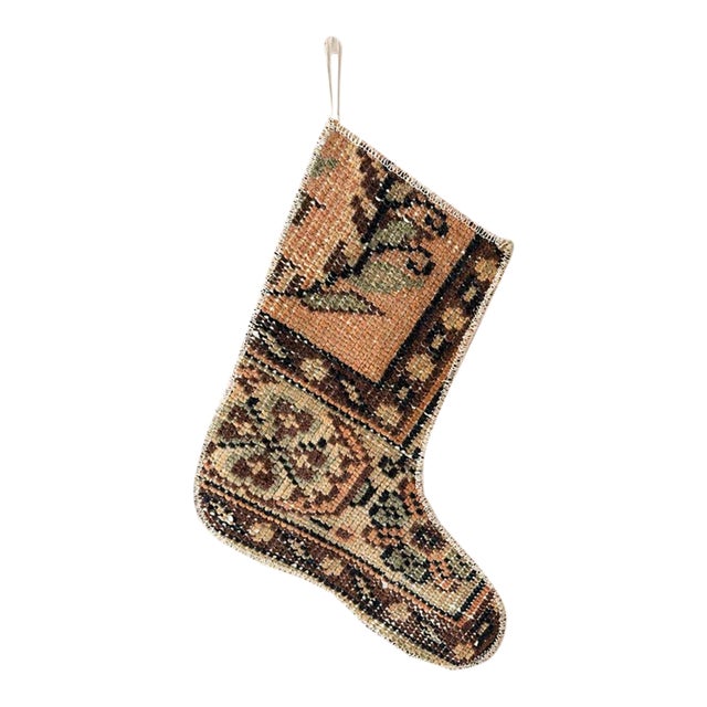 Vintage Turkish Hand-Knotted Wool Rug Christmas Stocking in Rustic Terracotta & Sage For Sale