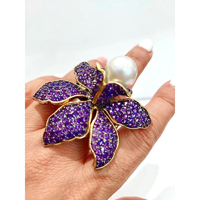 Bochic "Orient" Vintage Amethyst & White South Sea Pearl Ring  18K Gold over Silver Step into elegance with this...