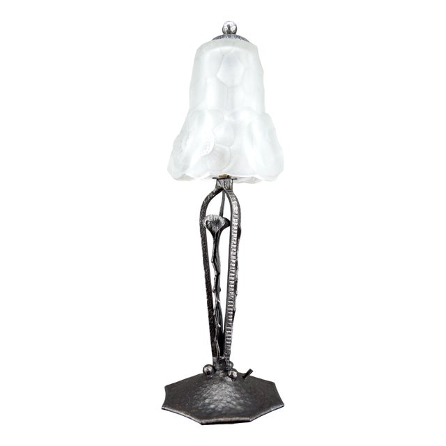 Art Deco Wrought Iron Lamp with Tulip Shade from Verrerie Dart Degué, France, 1930s For Sale