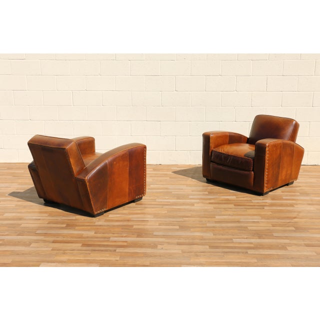 Art Deco Vintage Pair Art Deco Revival Distressed Brown Leather Club Chairs & Ottomans, 1980s For Sale - Image 3 of 18