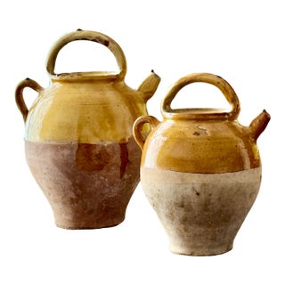 French 19th Century Antique Glazed Yellow Confit, Cruche Pot, Gargolette With Top Handle and Spout- A Pair For Sale