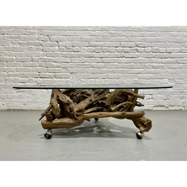 1970s Mid Century Modern Driftwood + Glass Coffee Table | Organic Modern Cocktail Table Castors For Sale - Image 5 of 14