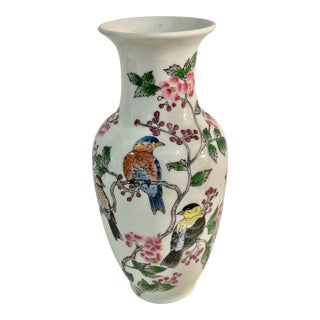 Vintage Chinoiserie 10” Porcelain Vase With Birds and Cherry Blossoms For Sale