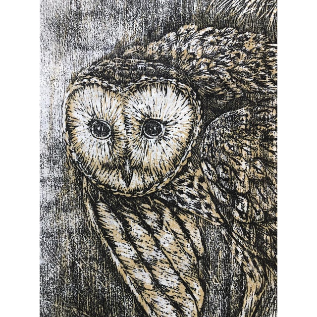 1975 Martha Cawley woodblock print on rice paper, Barn Owls. It is from a woodblock series entitled, “The North American...