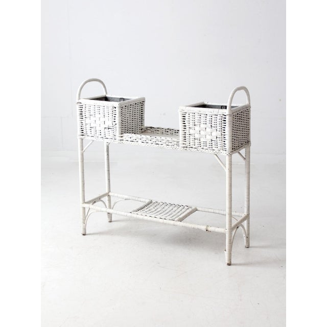 Shabby Chic Antique White Wicker Planter Basket Stand For Sale - Image 3 of 12