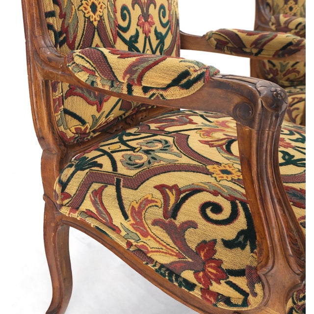 Pair of His & Hers Finely Carved Walnut Country French Lounge Armchairs Tapestry For Sale - Image 11 of 16