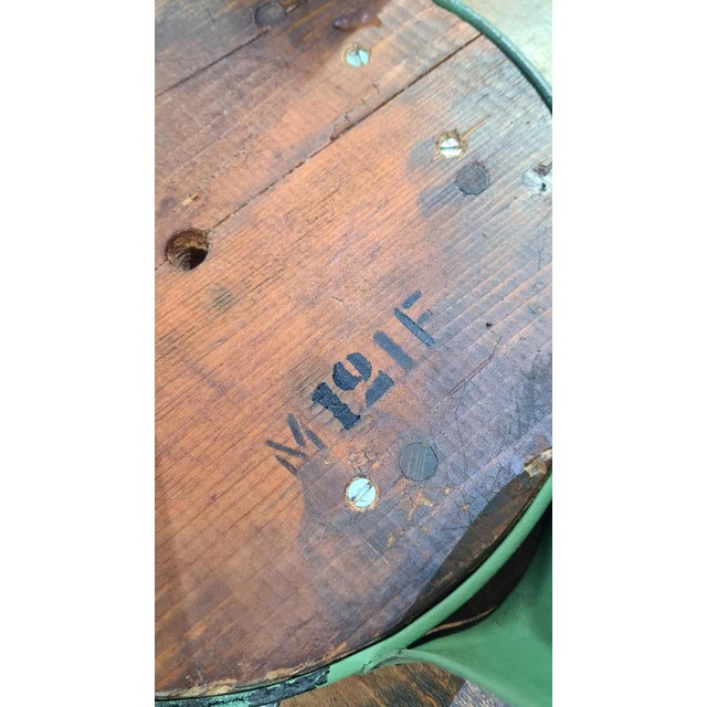 Industrial Stool in Dark Brown Wood and Green Metal, Germany, 1950s For Sale - Image 10 of 14