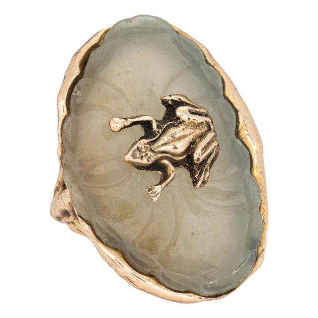 70s Vintage Agate Frog on Lilypad Ring 14k Yellow Gold Size 9 Fine Cocktail Jewelry For Sale