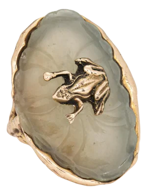 70s Vintage Agate Frog on Lilypad Ring 14k Yellow Gold Size 9 Fine Cocktail Jewelry