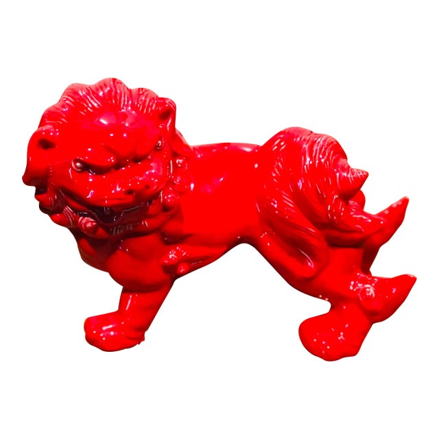 Vintage Red Asian Glazed Ceramic Foo Dog For Sale