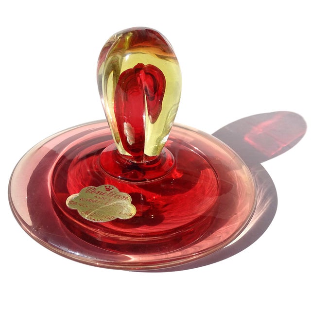 Mid-Century Modern Vintage Murano Barbini 1950s Yellow Red Orange Italian Art Glass Vanity Powder Box With Original Label For Sale - Image 3 of 6