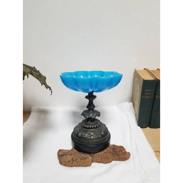 Superb and unusual French antique. A blue opaline compotiere fruit dish and table centre piece. The glass has a shell-like...