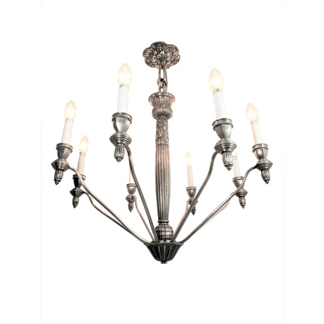 Metal Mid 20th Century French Eight Arm Cast Detailed Nickeled Bronze Chandelier, G.Capon For Sale - Image 7 of 12