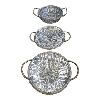 Vintage Woven Silver and Brass French Provincial Style Market Baskets- Set of 3 For Sale