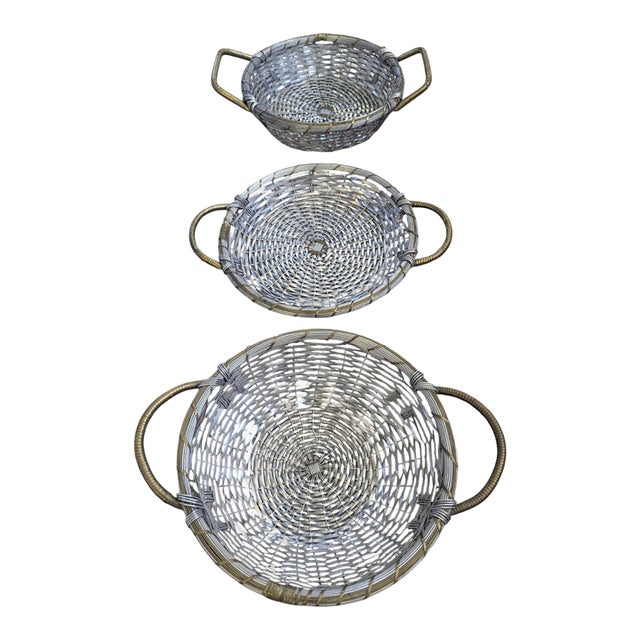 Vintage Woven Silver and Brass French Provincial Style Market Baskets- Set of 3 For Sale
