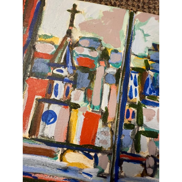 Mid-Century Modern 1970s Original Artist Painting of an Urban Cityscape From a Window With a View in Vibrant Colors For Sale - Image 3 of 4