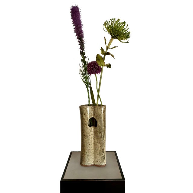 a tall Signed Mid Century vintage 1970s stoneware art studio pottery vase this handmade sculptural vessel has a beige gray...