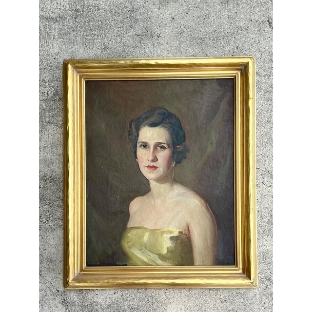 Vintage Oil Portrait of Woman in Gold Dress For Sale - Image 14 of 18