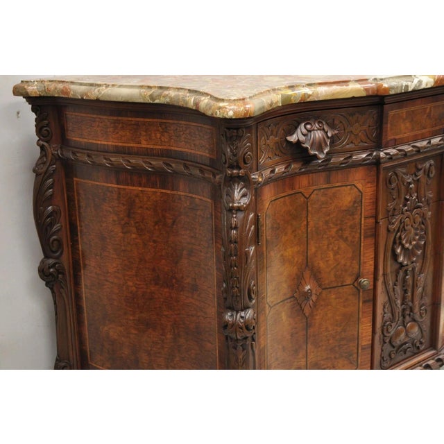 Antique French Louis XV Baroque Burl Walnut Marble Top Commode 5 Drawer Dresser For Sale - Image 13 of 16