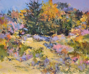 Sarabono by Jann T. Bass | Oil on Board Landscape with colorful trees and flowers.