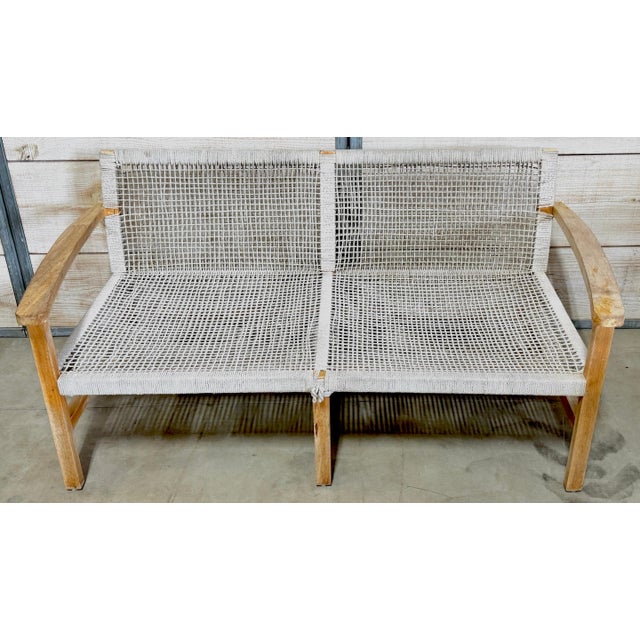 Boho Danish Modern Bleached / Weathered Teak & Woven Rope Settee, circa 1960s Evoking the relaxed elegance of Scandinavian...