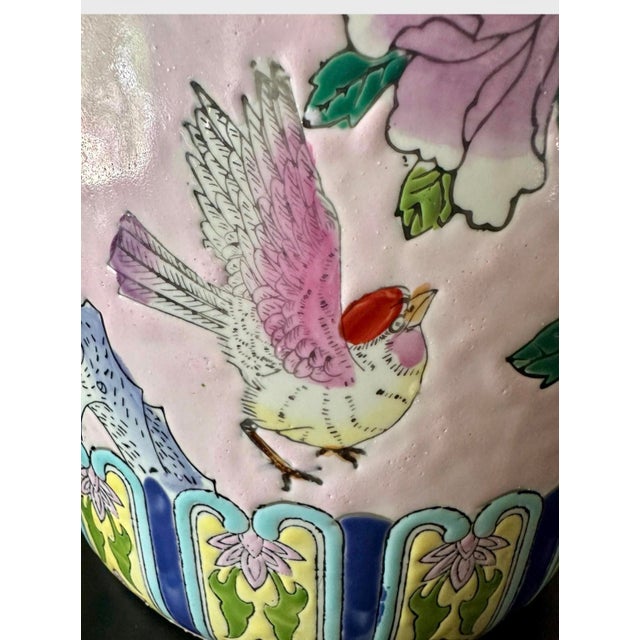 Pink Mid-Century Pink Chinoiserie Hand Painted Floral and Bird Motif Umbrella Stand For Sale - Image 8 of 12