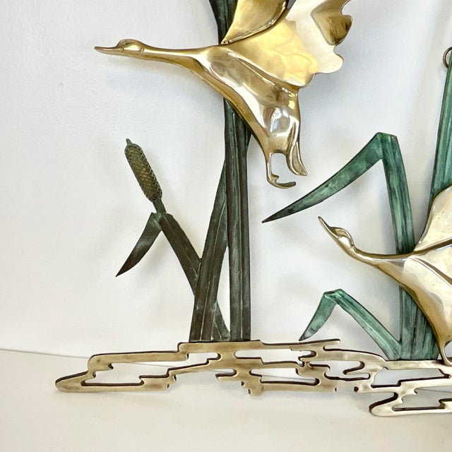 1970s 1970s Vintage Arts & Crafts Boho Chic Brass Ducks With Verdigris Bronze Cat Tails Wall Sculptural Object. For Sale - Image 5 of 10