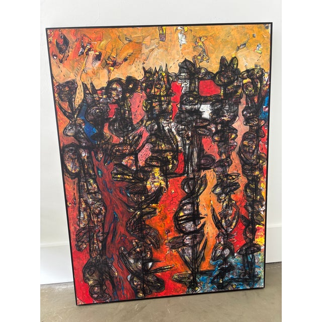 Original signed mixed media painting by Dominican artist Benjamín de León (b. 1960). A highly expressive figurative...
