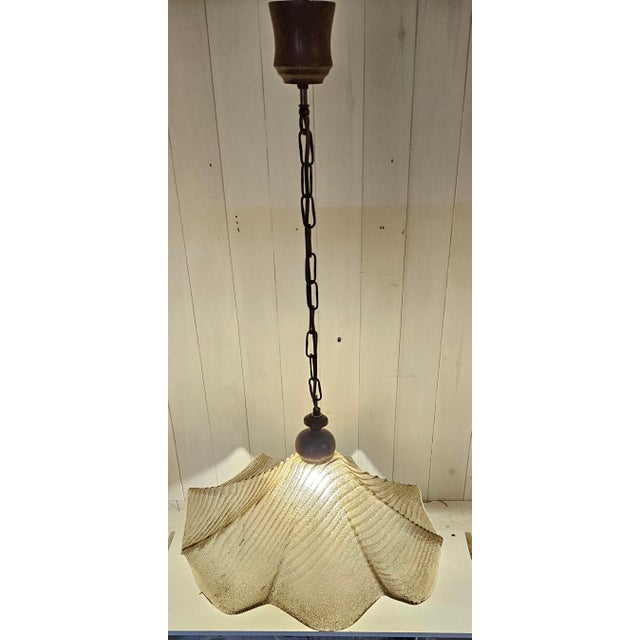 Vintage Ceiling Lamp with Relief Glass Shade on Oak Wood Mount and Brass Chain, 1970s For Sale - Image 3 of 9