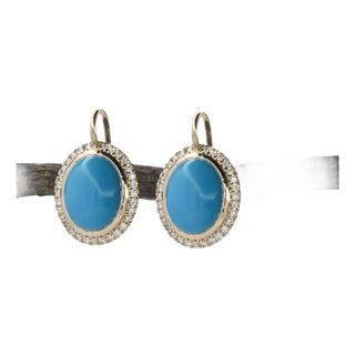 Sleeping Beauty Turquoise Drop Earrings With Diamonds in Solid 14k Gold, Pair For Sale