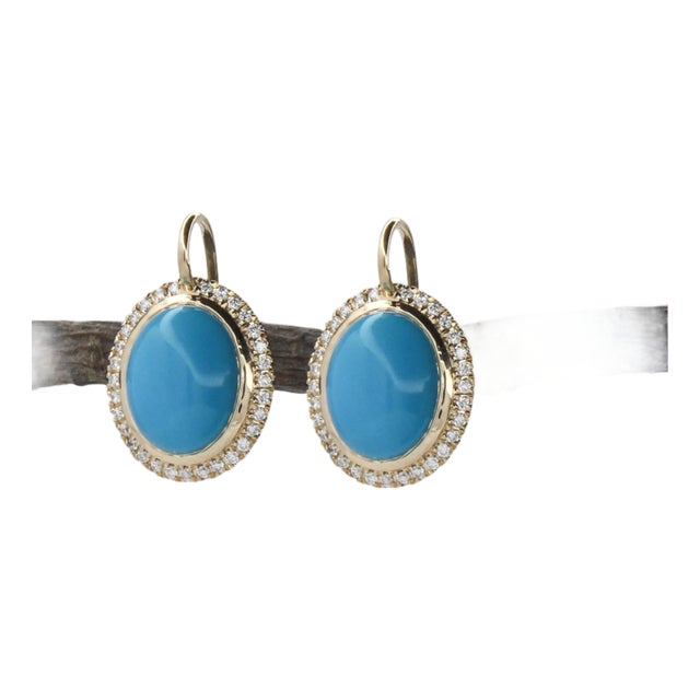 Sleeping Beauty Turquoise Drop Earrings With Diamonds in Solid 14k Gold, Pair For Sale