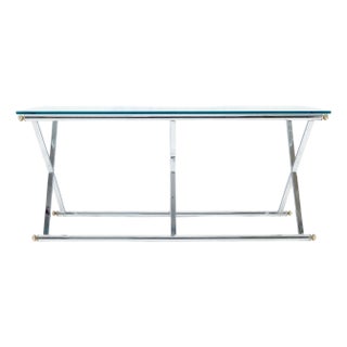 Chrome X Base Glass Top 67" Long Console Sofa Table Mid Century Modern c1970s For Sale