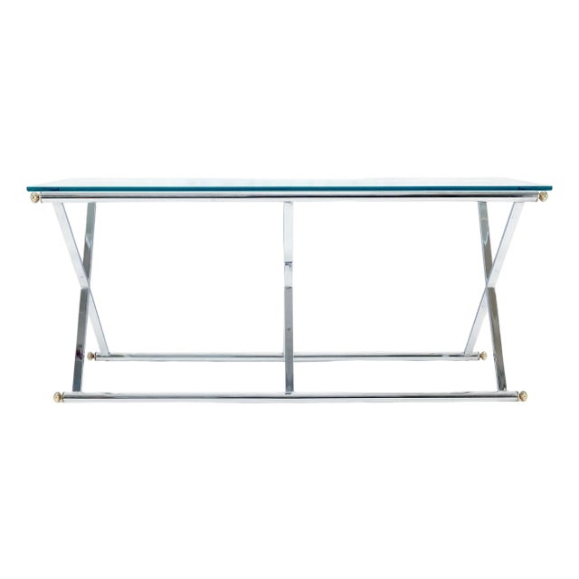 Chrome X Base Glass Top 67" Long Console Sofa Table Mid Century Modern c1970s For Sale