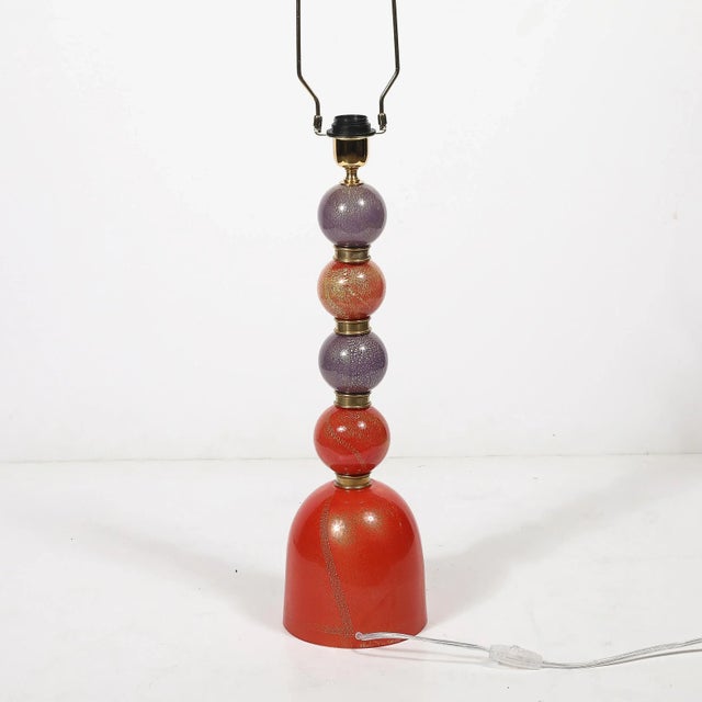Purple Mid-Century Hand-Blown Coral Red & Lilac Murano Glass Stacked Ball Table Lamps For Sale - Image 8 of 12