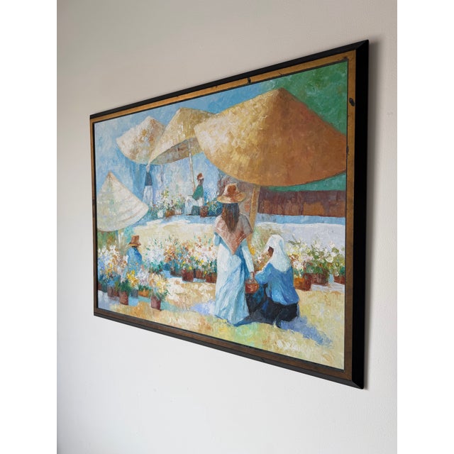 Mid-Century Modern 1970’s John Adamos Manol Impressionist Florist Market Oil on Canvas Painting – Framed For Sale - Image 3 of 12