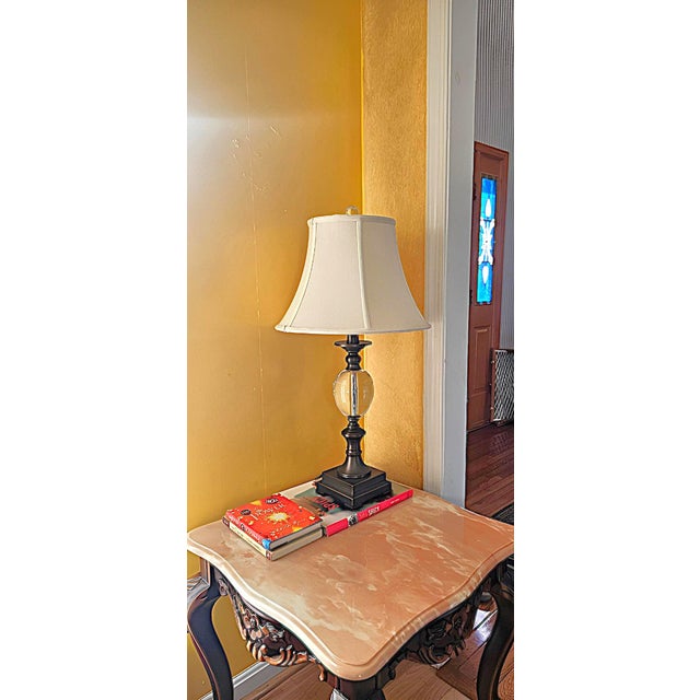 Crystal Ball Urn Lamp With Copper Finish & White Bell Shade – 30” Transitional Accent Lamp For Sale - Image 16 of 18