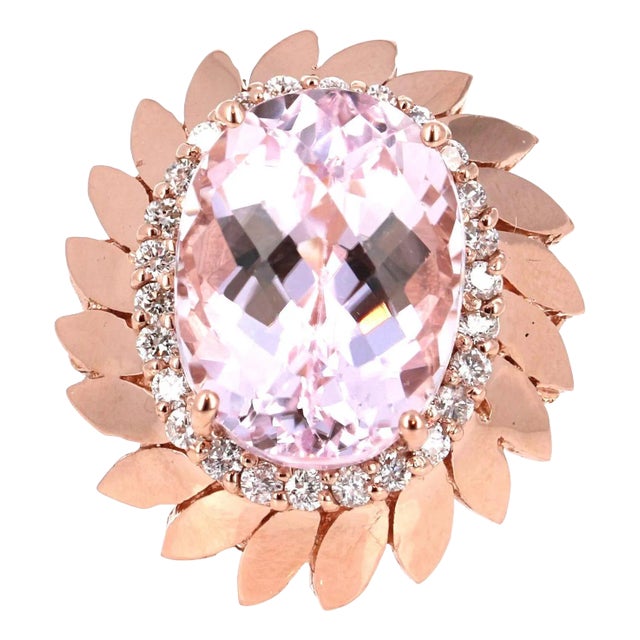 12.26 Carat Oval Cut Kunzite Diamond 14 Karat Rose Gold Cocktail Ring For Sale