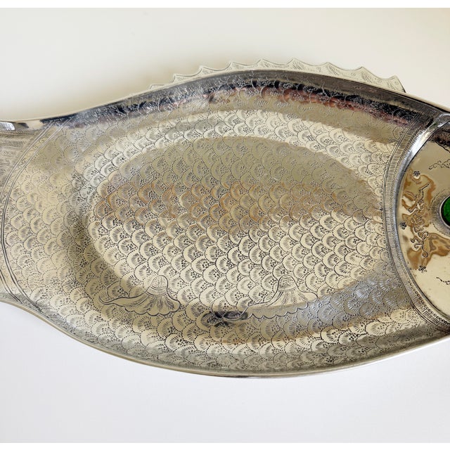 Large, vintage aluminum tray or serving platter in the shape of a fish designed by Arthur Court, circa 1975. Meticulously...