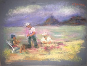 Jacques (Jakub) Zucker, Beach Scene Pastel Drawing Polish Ecole D'Paris, WPA, Bezalel Artist, c.1930s