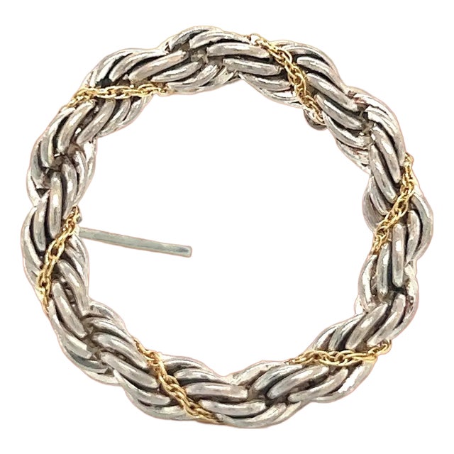 1990s Tiffany & Co Estate Circle Wreath Brooch 18k G + Silver For Sale