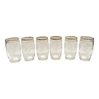 Bartlett Collins Gold Rim Etched Grapevine Glass Tumblers Set of 6 For Sale