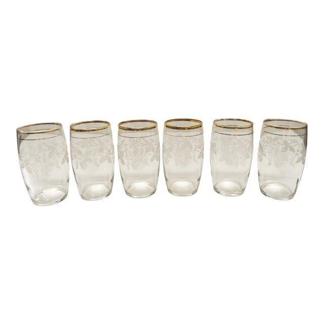 Bartlett Collins Gold Rim Etched Grapevine Glass Tumblers Set of 6 For Sale